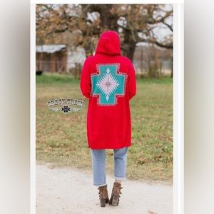 Crazy Train Red Aztec Long Cardigan Sweater Size Small